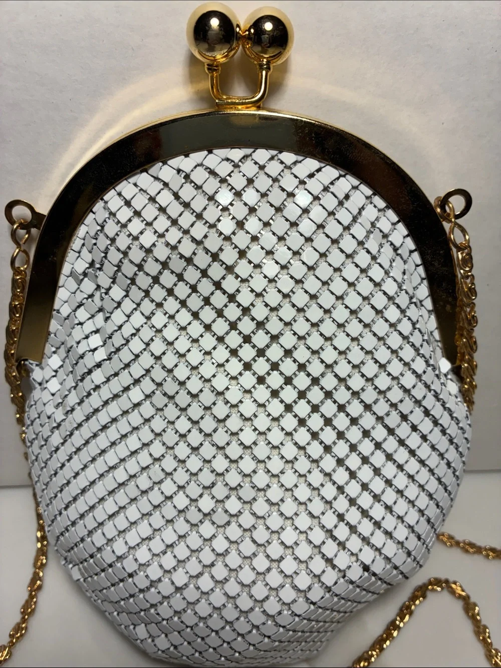 White Mesh Evening Crossbody Bag with Gold Chain